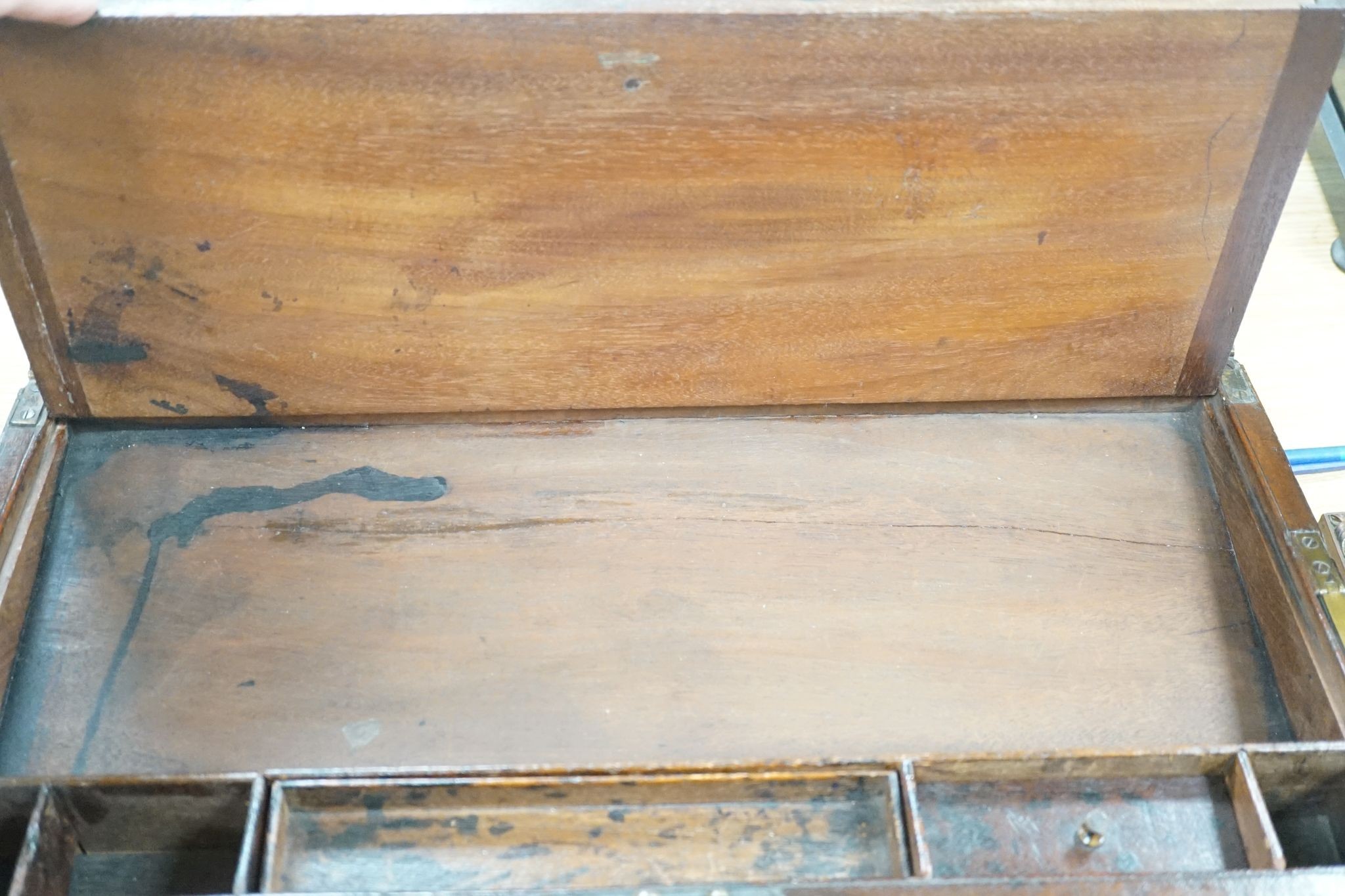 A Victorian mahogany writing slope and Chippendale-period mahogany tea caddy, Writing slope 50 cms wide.